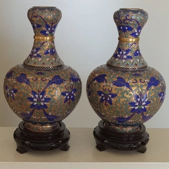 JIngfa Other - JINGFA 7" Chinese Champleve Cloisonne Garlic Head Vases Pair On Wooden Stands